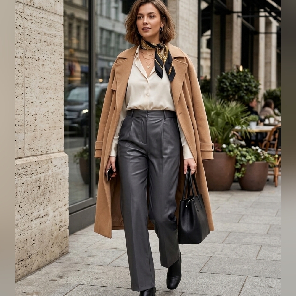 Elan Charcoal High-Rise Faux Leather Straight-Leg Trousers